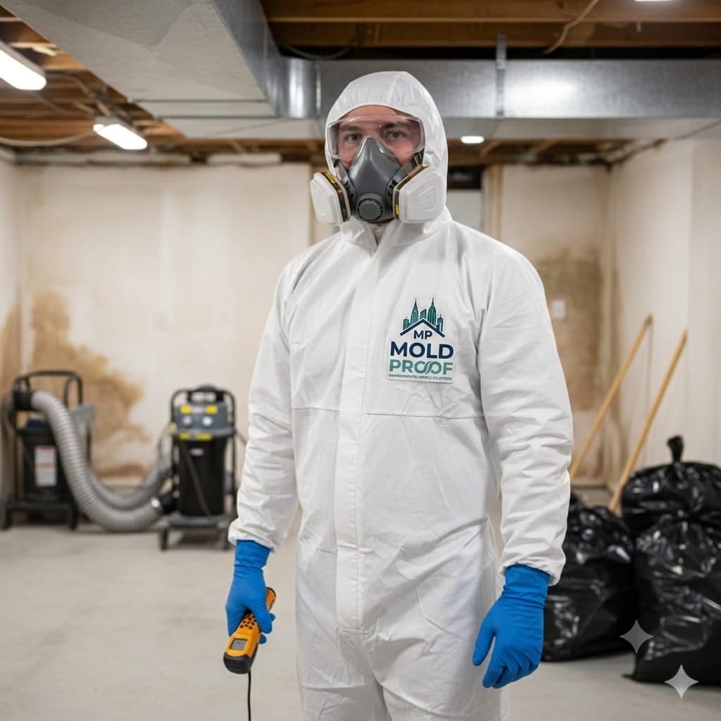 Certified technician in full PPE during mold remediation